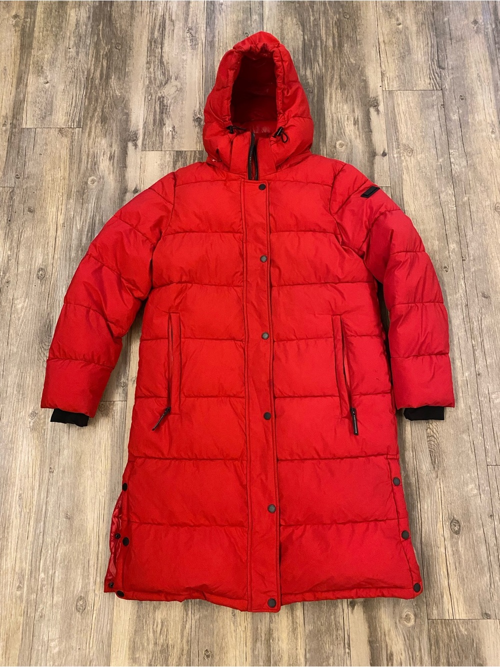 BCBGMaxAzria Red Long Hooded Puffer Coat